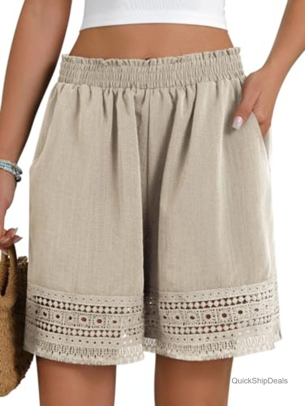 Casual Elastic Waist Lace Trim Linen Ruffle Shorts - Picture 6 of 7